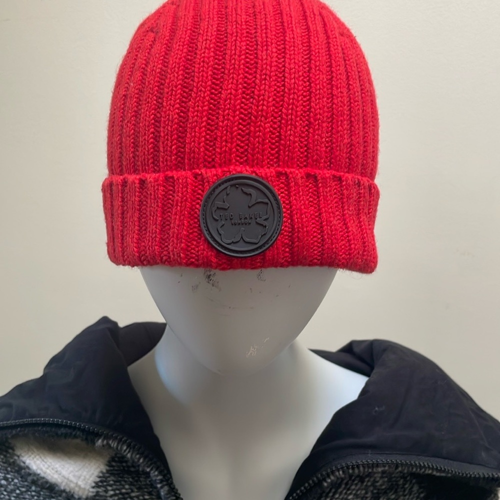 Ted Baker Red Ribbed Knit Hat with Folded Brim